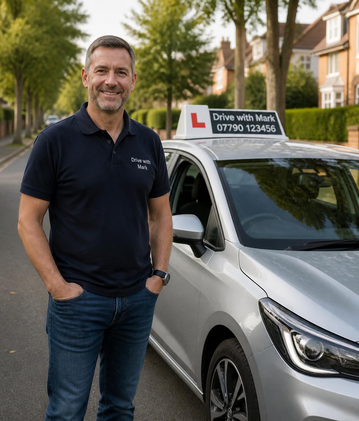 221 Drive driving instructor standing beside the dual-controlled training car