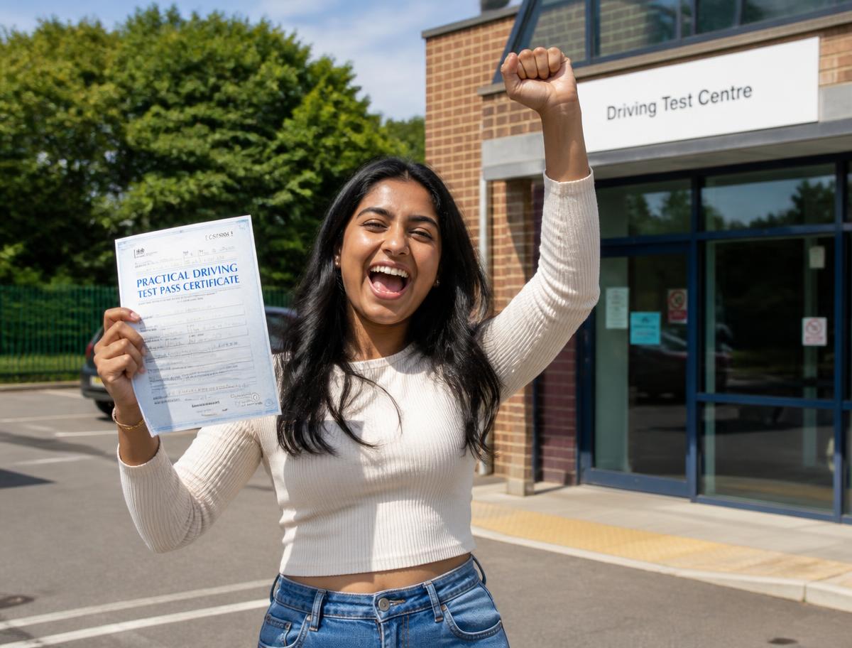 221 Drive student celebrating outside the driving test centre with her pass certificate